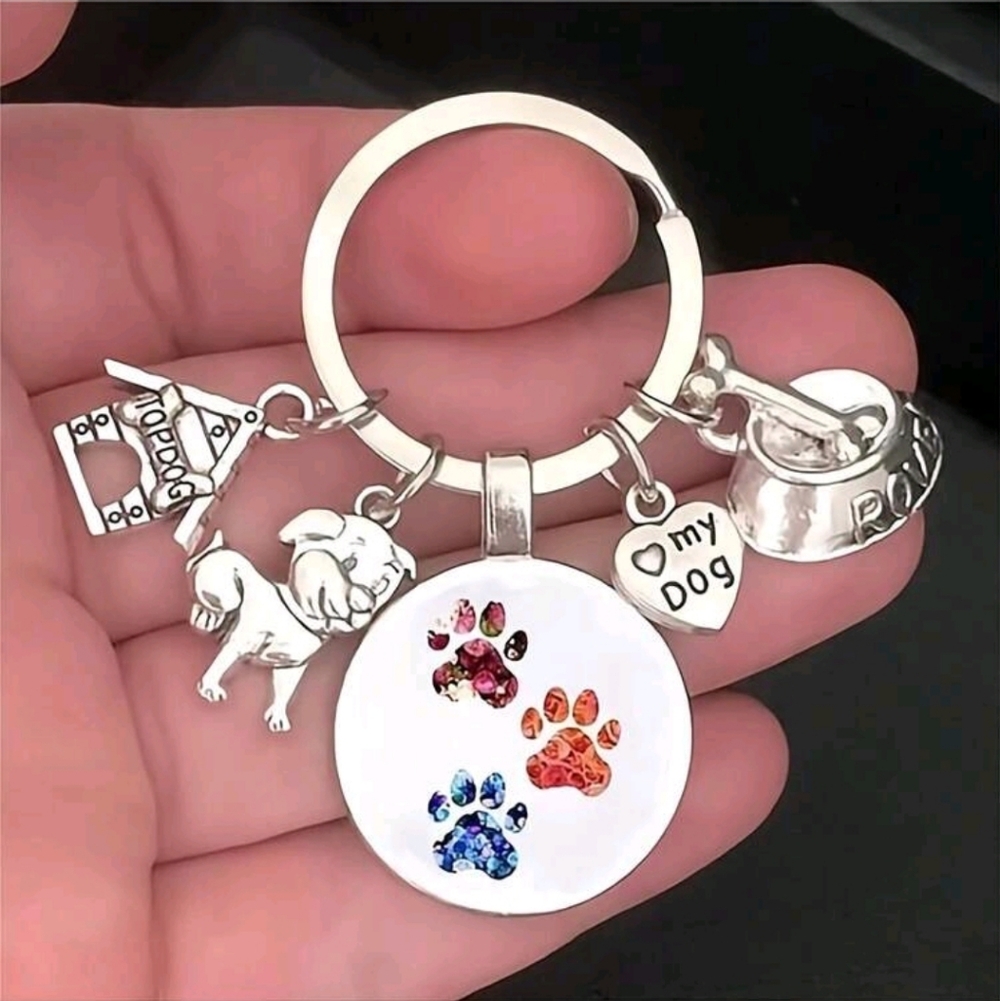 Silver Dog Lover Keychain with Paw Print Charms